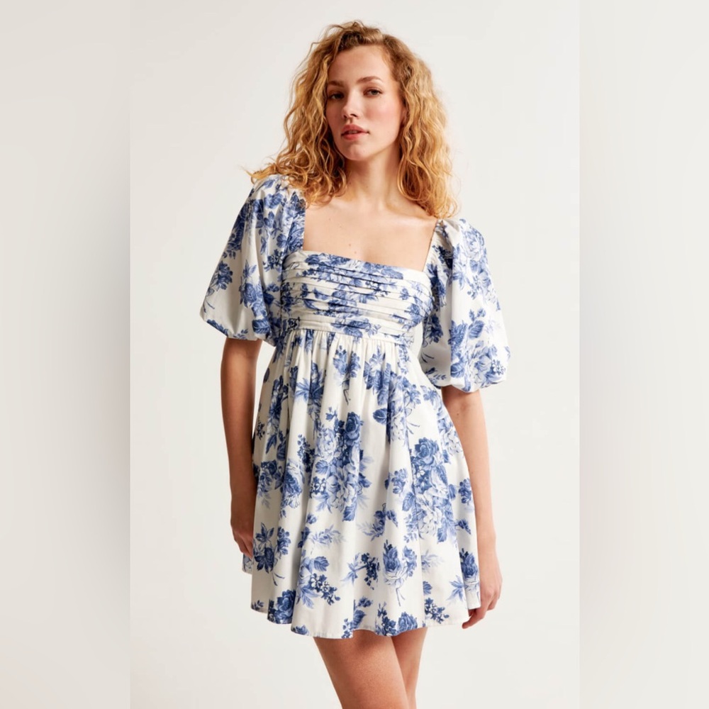 Emerson Ruched Puff Sleeve Mini Dress - Blue Floral